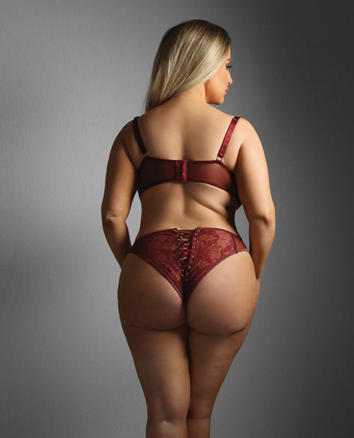 Edge Lace and Mesh Underwire Bra & Crotchless Panty w/Lace-up Detail - Wine