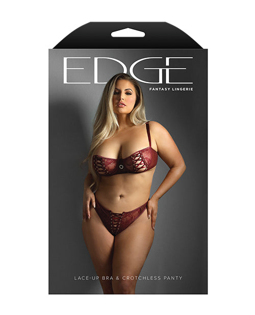 Edge Lace and Mesh Underwire Bra & Crotchless Panty w/Lace-up Detail - Wine
