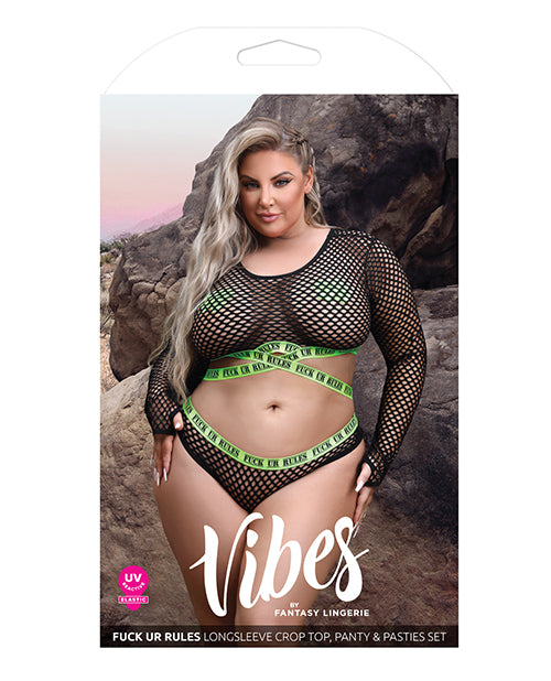 Vibes Fuck Ur Rules Long Sleeve Crop Top, Panty & Pasties Black/green