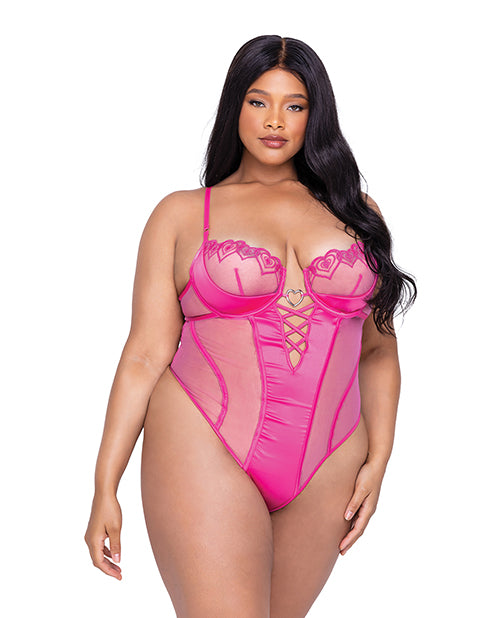 Valentine Bubblegum Heart Metallic Lace &amp; Scallop Embroidered Teddy Pink