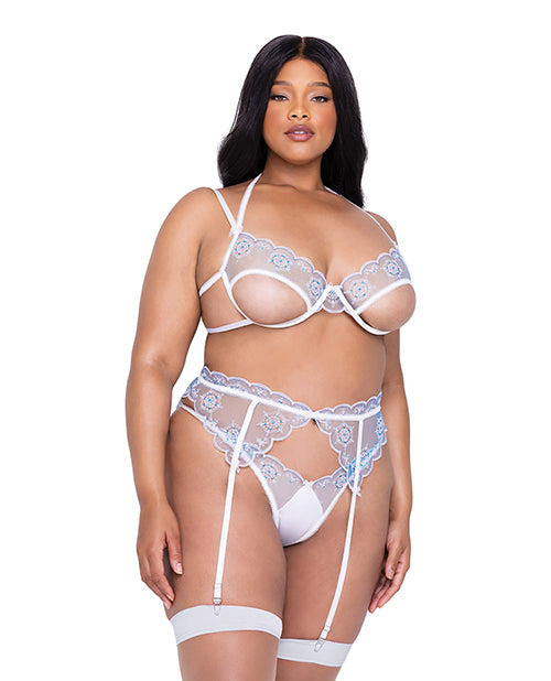 Holiday Snow Queen Metallic Snowflake Embroidered Bra &amp; High Waisted Thong Blue/white
