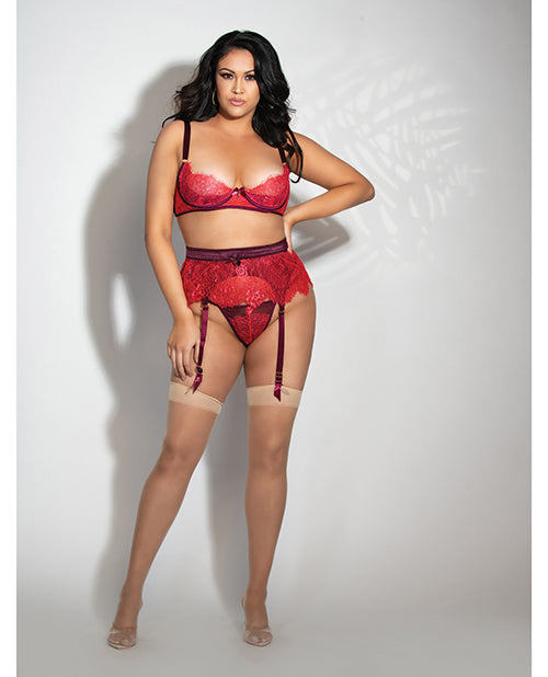 Eyelash Lace Underwire Bra, Garter Skirt &amp; G-string Red
