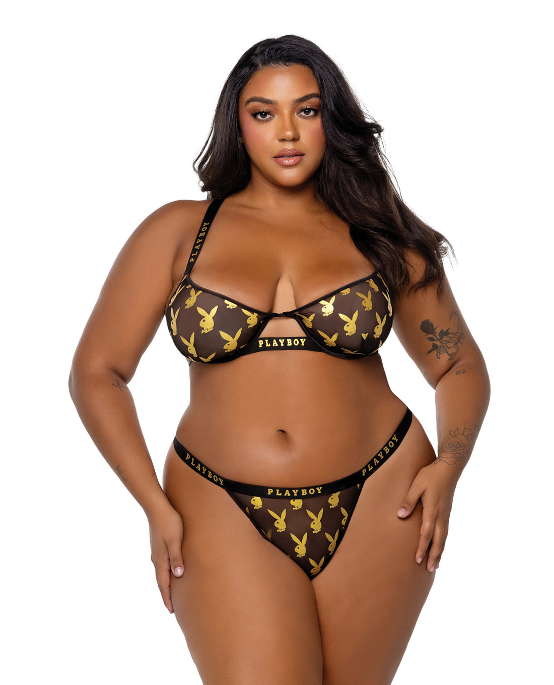 Playboy Gold Foil Mesh &amp; Satin Bralette w/Thong 2 pc Set - Black/Gold