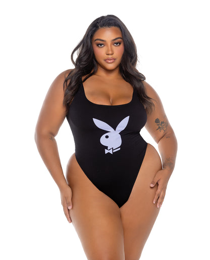 Playboy Scoop Neck Teddy w/Thong Back &amp; Bunny Logo - Black/Lavender