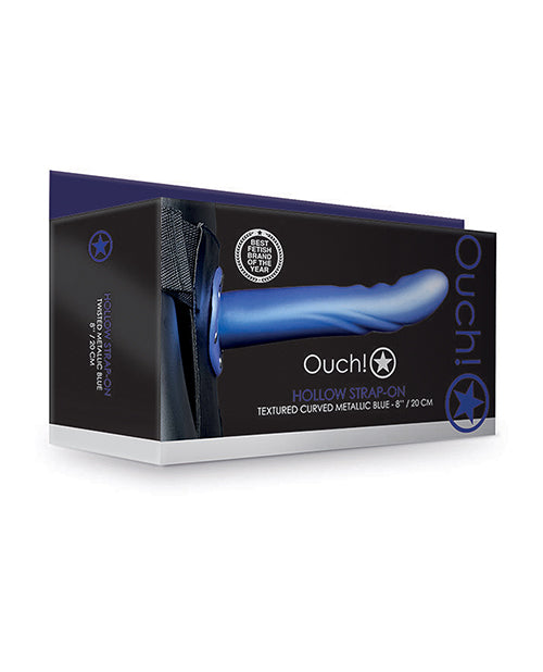 Shots Ouch 8&quot; Textured Curved Hollow Strap On - Metallic Blue