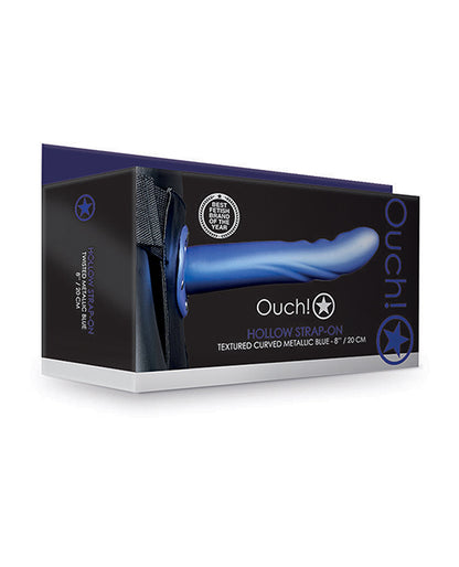 Shots Ouch 8&quot; Textured Curved Hollow Strap On - Metallic Blue