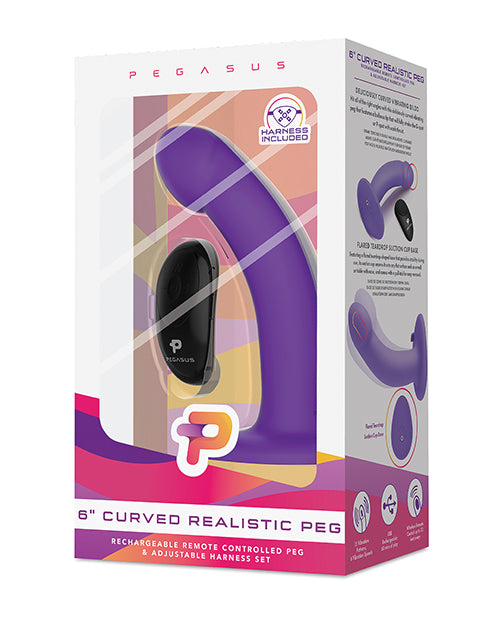 Pegasus 6&quot; Rechargeable Curved Peg w/Adjustable Harness &amp; Remote Set - Purple