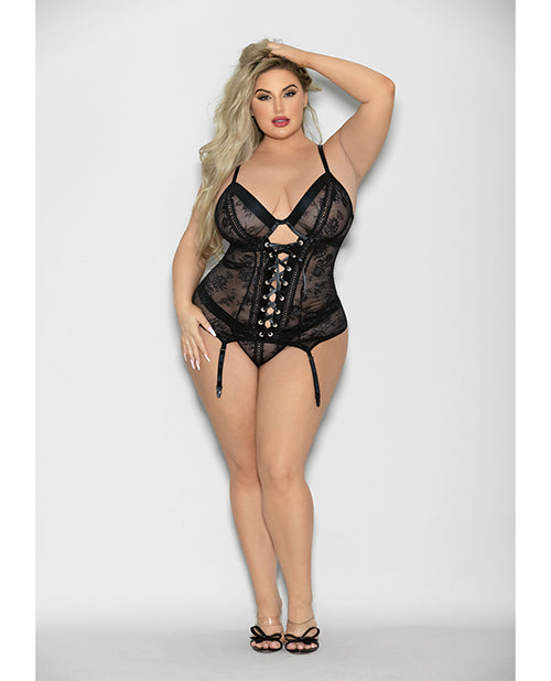 Flame Fetish Soulmate Lace Up Bustier &amp; Wide Band Thong Black 1X/2X