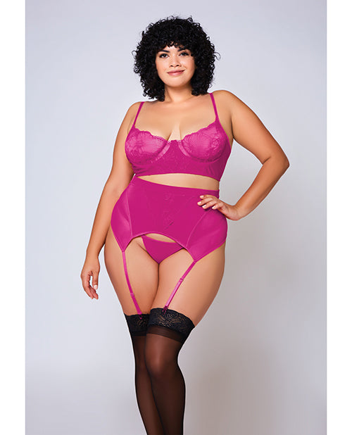 Soft Lace Bra, High Waist Satin &amp; Mesh Garterbelt &amp; G-string Fuchsia
