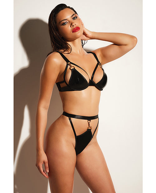Fetish Excitement Unlined Underwire Vinyl Bra &amp; Panty W/d-ring &amp; Metal Clasp Black