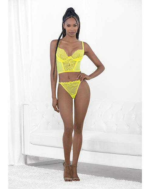 Neon Lace Corset Top W/ring Accent &amp; Panty Neon Lime