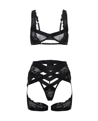 Thalia Mesh &amp; Lace Underwire 3 pc Set - Black