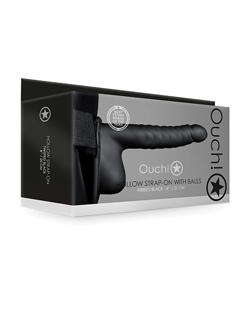 Shots Ouch 8&quot; Ribbed Hollow Strap On W/balls