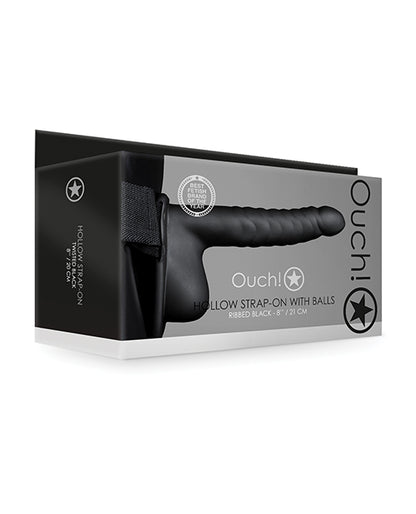Shots Ouch 8&quot; Ribbed Hollow Strap On W/balls