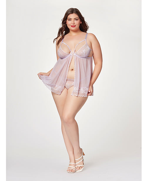 Sheer Mesh &amp; Lace Demi Cup Babydoll &amp; Thong Lavender