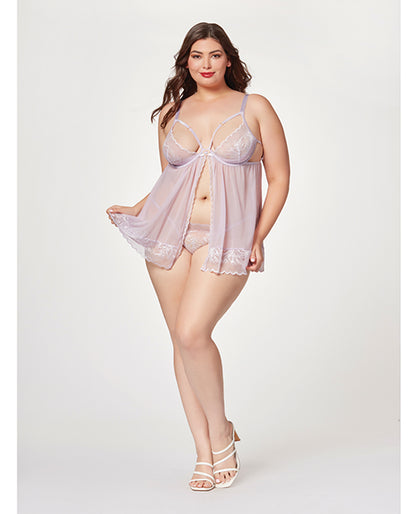 Sheer Mesh &amp; Lace Demi Cup Babydoll &amp; Thong Lavender