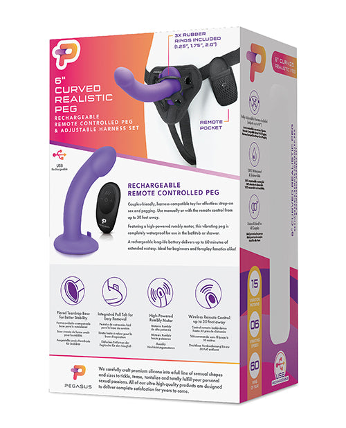 Pegasus 6&quot; Rechargeable Curved Peg w/Adjustable Harness &amp; Remote Set - Purple