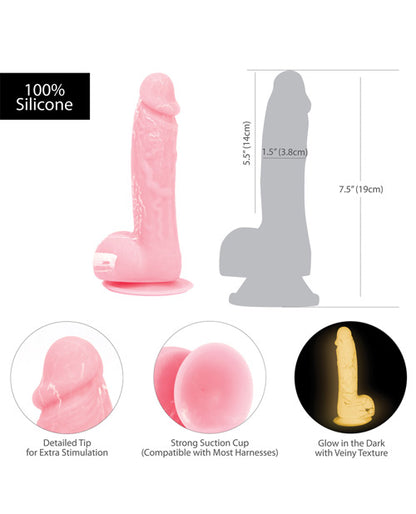 Addiction Brandon 7.5&quot; Glow in the Dark Dildo - Pink
