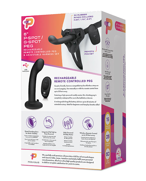 Pegasus 6&quot; Rechargeable P-Spot G-Spot Peg w/Adjustable Harness &amp; Remote Set - Black