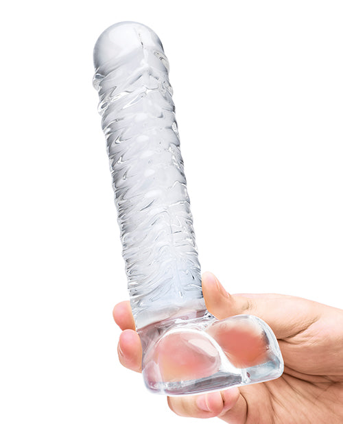 Glas 8&quot; Realistic Ribbed Glass G-Spot Dildo w/Balls - Clear